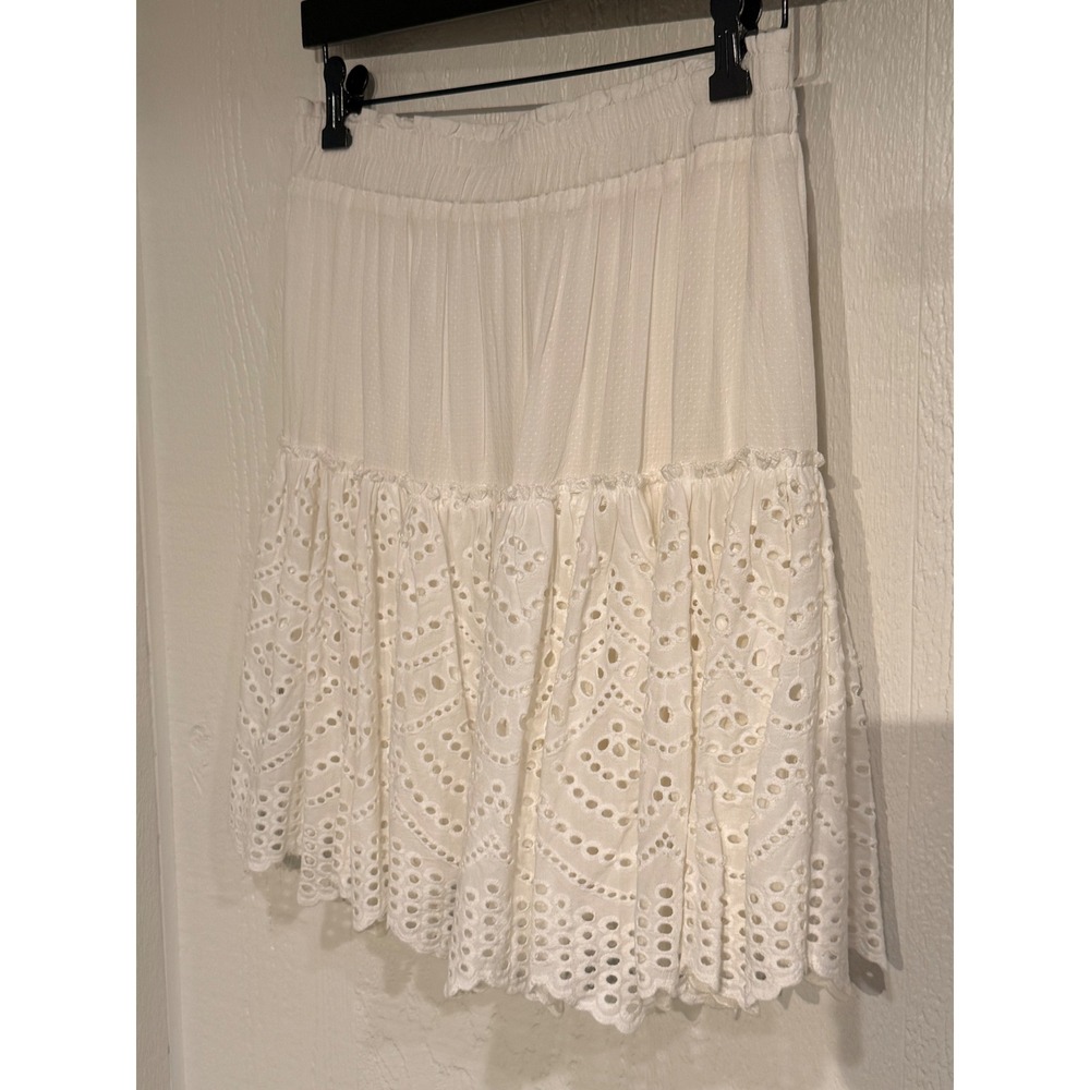 White Eyelet Lace 2 Piece‎ Set Long Sleeve Button Back Top & Tiered Mini Skirt